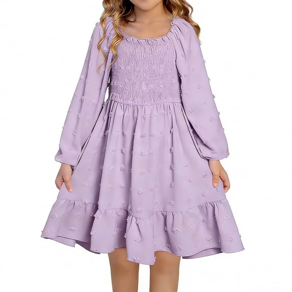 purcolt Girls Long Sleeve Polka Dots Dress Smocked Ruffle Tiered Dress Flowy A-Line Dress 4-13 Years