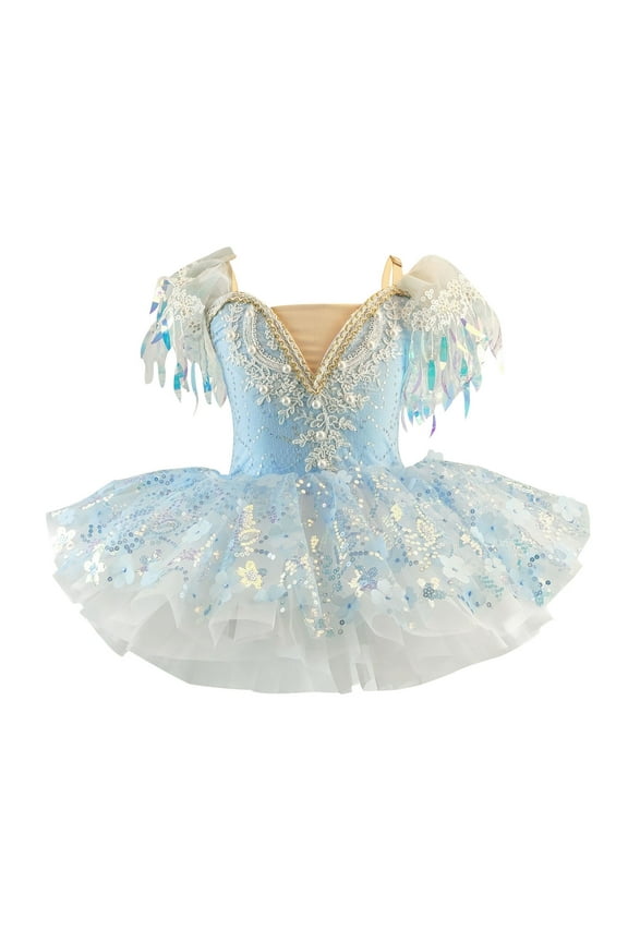 Girls Sparkly Sequins Puffy Skirted Ballet Dance Leotards Princess Dress Ballerina Performance Costume Dancewear 1-14Y