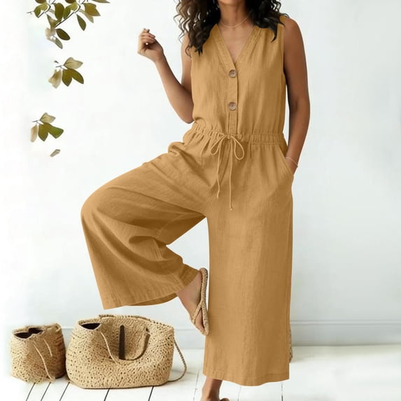YSUEJPF Linen Jumpsuits for Women, Sleeveless V Neck Drawstring Waist Wide Leg Rompers, Summer Casual One Piece Outfits