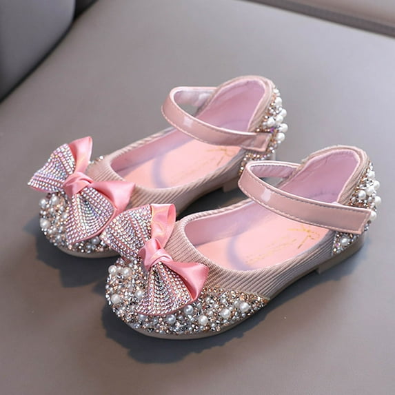 purcolt Little Girls Bow Dress Shoes Flower Girl Flats Mary Jane Low Heel Glitter Pearls Princess Shoes Performance Shoes for Wedding/Party/Prom/School/Dance/Festival