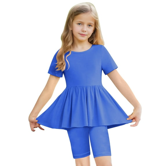 purcolt Little Girls Summer Clothes Ballerina Gymnastics Outfits 2 Piece Short Sleeve Dance Dress with Biker Shorts Yoga Activewear 5-15 Years