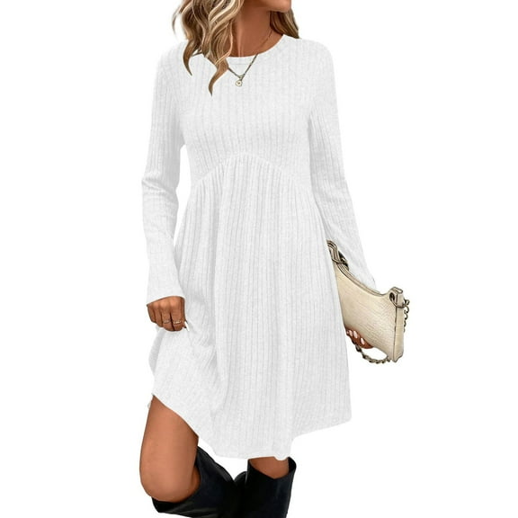 purcolt Long Sleeve Sweater Dress for Women Crew Neck Empire Waist Baby Doll Knee Length Dresses Casual Tunic Fall Dresses