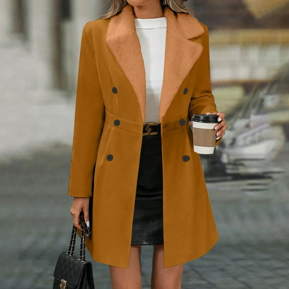 purcolt Long Trench Coat Women Double Breasted Wool Blend Dressy Casual Jacket Fleece Collar Slim Fit Pea Coat