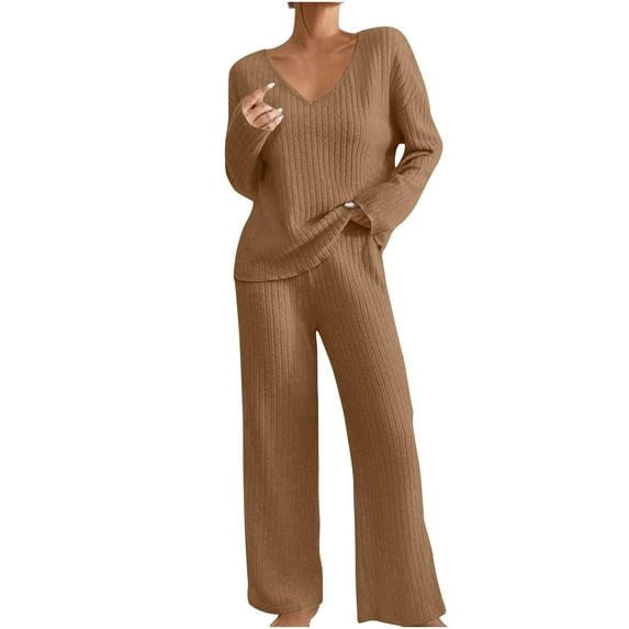 purcolt Lounge Sets for Women Long Sleeve V Neck Knit Top and Wide Leg Pants Comfy Pajama Set 2 Piece Pjs Matching Outfits