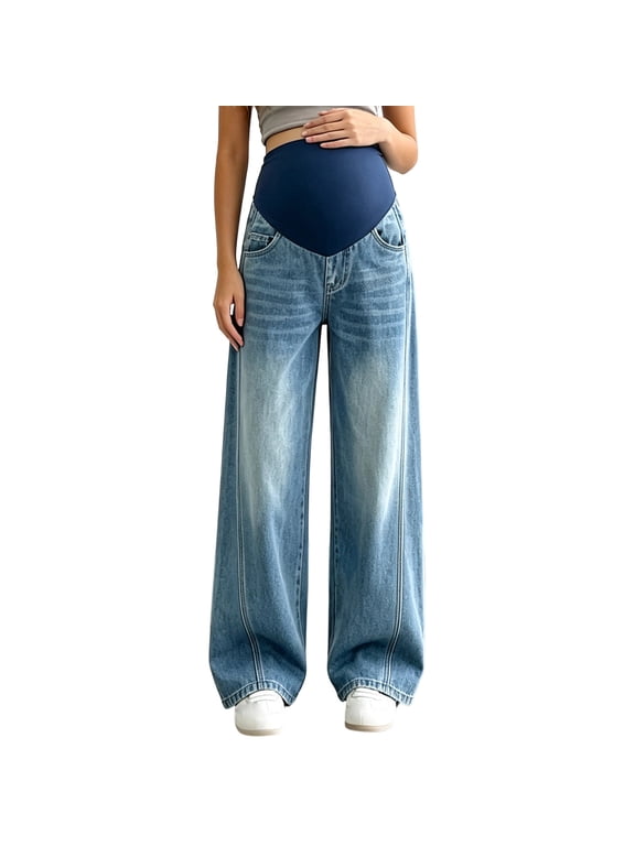 Maternity Jeans for Women High Waist Over Belly Wide Leg Denim Pants Casual Soft Stretchy Loose Fit Baggy Jeans with Pockets