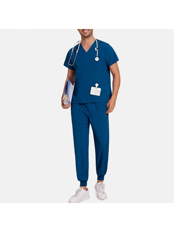 Men's 2 Piece Scrub Set Short Sleeve V-Neck Classic Tops Elastic High Waist Drawstring Cuffed Ankle Pants Casual Soft Breathable Medical Uniform with Multi Pockets