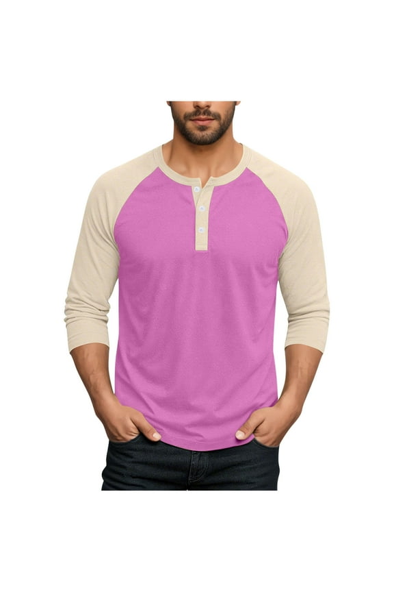 Men's 3/4 Sleeve Shirts Color Block Crew Neck Buttons Raglan Baseball T Shirts Fall Casual Athletic Tops Soft Basic Tees, M-5XL
