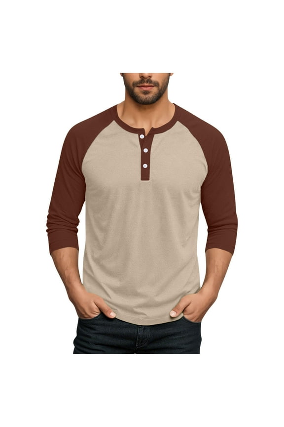 Men's 3/4 Sleeve Shirts Color Block Crew Neck Buttons Raglan Baseball T Shirts Fall Casual Athletic Tops Soft Basic Tees, M-5XL