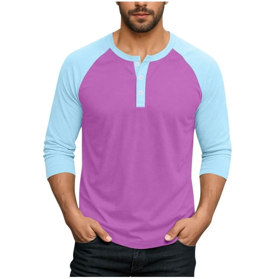 purcolt Men's 3/4 Sleeve Shirts Color Block Crew Neck Buttons Raglan Baseball T Shirts Fall Casual Athletic Tops Soft Basic Tees, M-5XL