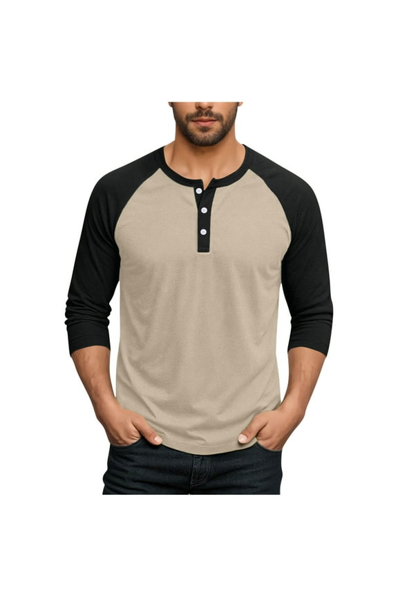 Men's 3/4 Sleeve Shirts Color Block Crew Neck Buttons Raglan Baseball T Shirts Fall Casual Athletic Tops Soft Basic Tees, M-5XL