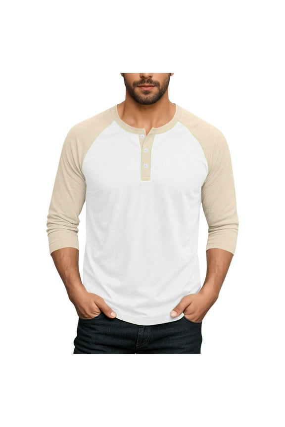 Men's 3/4 Sleeve Shirts Color Block Crew Neck Buttons Raglan Baseball T Shirts Fall Casual Athletic Tops Soft Basic Tees, M-5XL