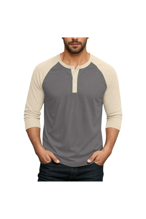 Men's 3/4 Sleeve Shirts Color Block Crew Neck Buttons Raglan Baseball T Shirts Fall Casual Athletic Tops Soft Basic Tees, M-5XL