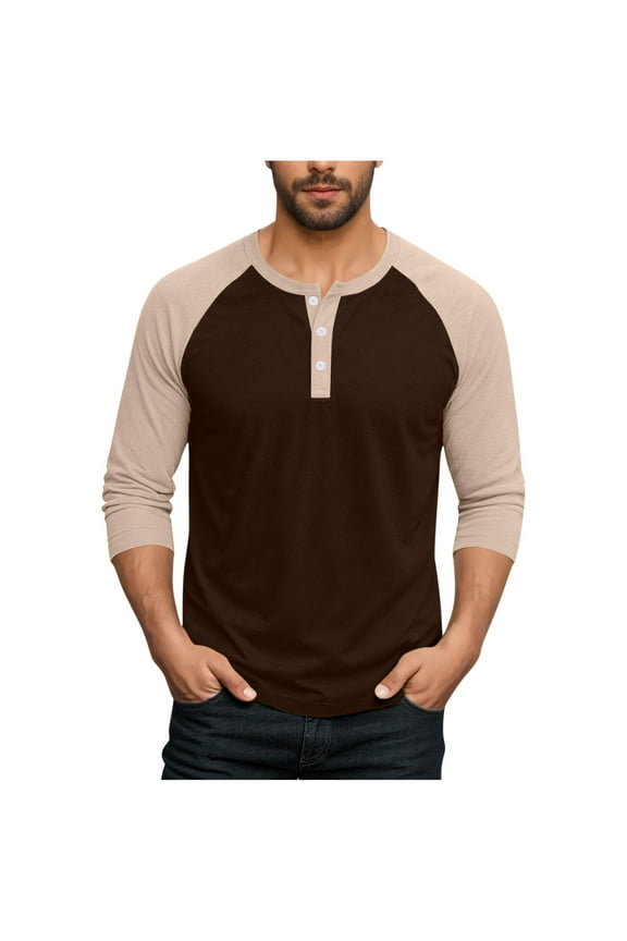 Men's 3/4 Sleeve Shirts Color Block Crew Neck Buttons Raglan Baseball T Shirts Fall Casual Athletic Tops Soft Basic Tees, M-5XL