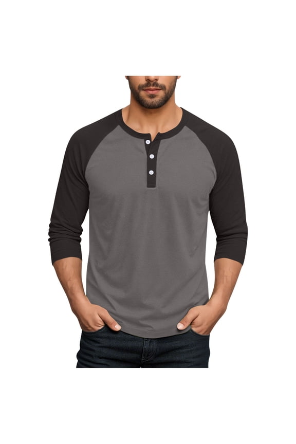 Men's 3/4 Sleeve Shirts Color Block Crew Neck Buttons Raglan Baseball T Shirts Fall Casual Athletic Tops Soft Basic Tees, M-5XL