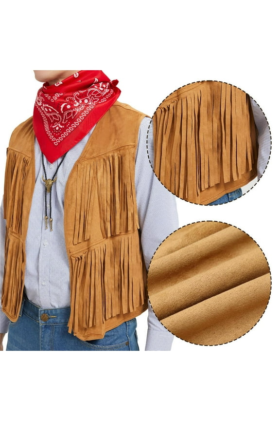Men's 70s Hippie Fringe Waistcoat Open Front Faux Suede Long Tassel Cardigan Jacket Coat Cowboy Beach Boho Vest Tops