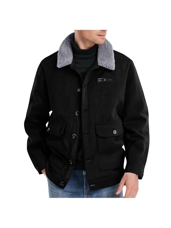 Men's Big & Tall Faux Leather Bomber Jackets, Button Down Work Cargo Jackets Fall Winter Thickened Warm Trucker Jackets Coat with Pockets