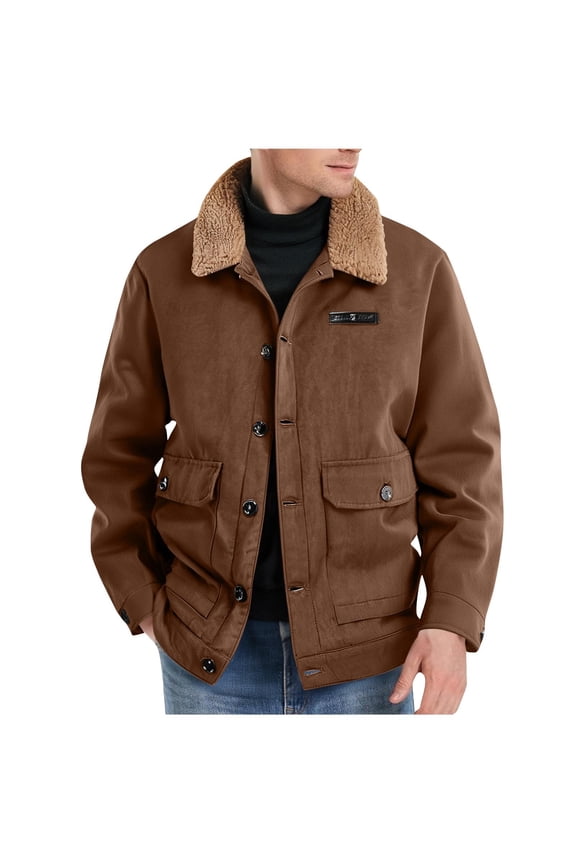 Men's Big & Tall Faux Leather Bomber Jackets, Button Down Work Cargo Jackets Fall Winter Thickened Warm Trucker Jackets Coat with Pockets