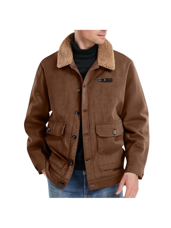 Men's Big & Tall Faux Leather Bomber Jackets, Button Down Work Cargo Jackets Fall Winter Thickened Warm Trucker Jackets Coat with Pockets
