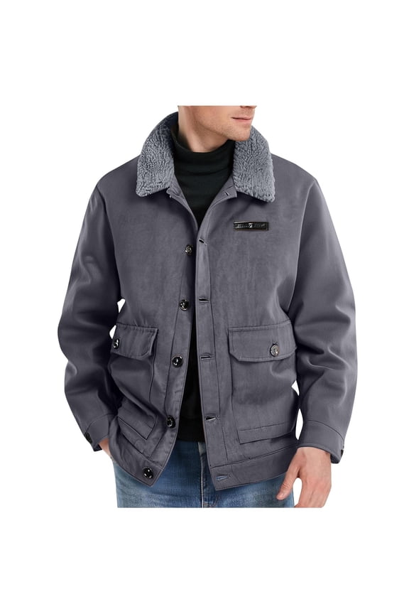 Men's Big & Tall Faux Leather Bomber Jackets, Button Down Work Cargo Jackets Fall Winter Thickened Warm Trucker Jackets Coat with Pockets