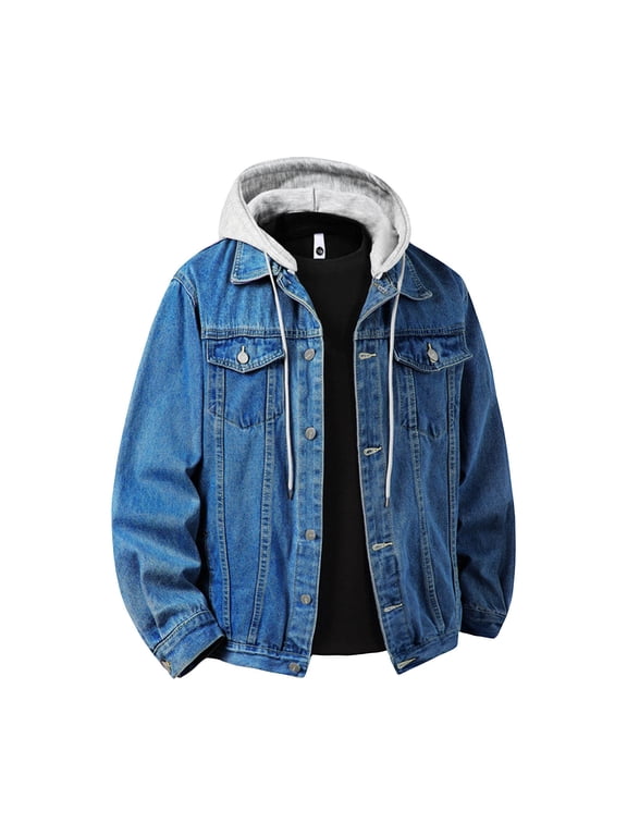 Men's Big and Tall Denim Jackets Button Down Long Sleeve Hooded Jean Coats Casual Lightweight Fall Travel Outwear Jackets with Pockets