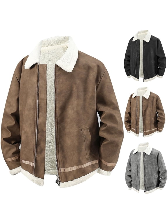Men's Big and Tall Suede Bomber Jackets Full Zip Collared Fleece Lined Jackets Casual Lightweight Vintage Faux Leather Jackets