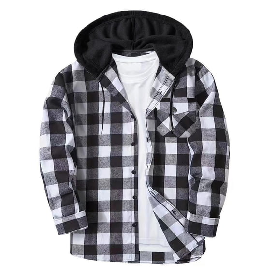 purcolt Men's Button Down Hooded Plaid Shirt Long Sleeve Drawstring Casual Lightweight Loose Fit Shirts with Chest Pockets