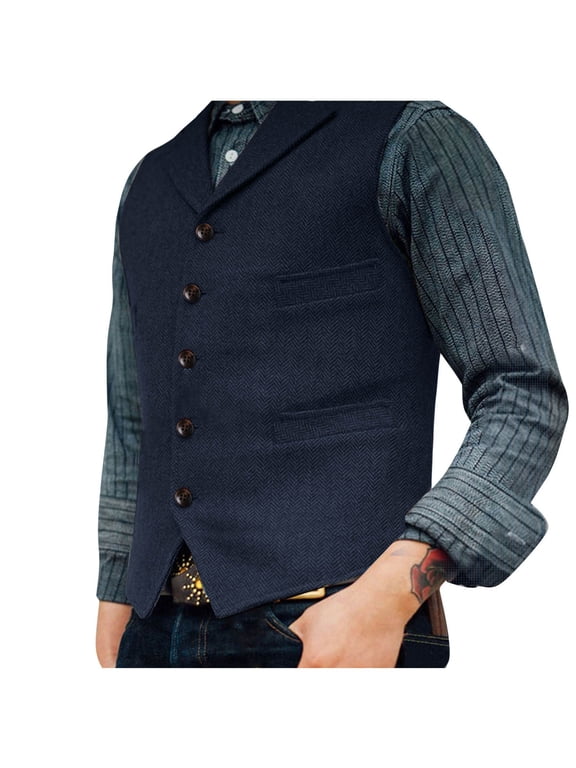 Men's Casual Vest with 3 Pockets Wedding Herringbone Slim Fit Waistcoat Jacket Tank Top for Prom Daily