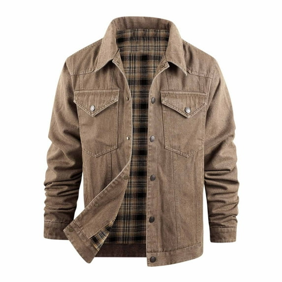 purcolt Men's Classic Denim Jacket with Plaid Lined Lapel Vintage Cowboy Jean Jackets Streetwear with Pockets