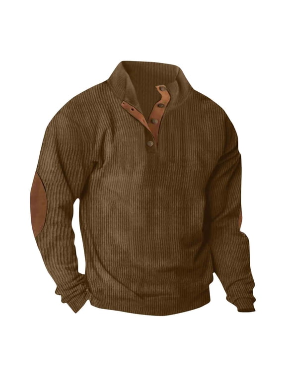 Men's Corduroy Sweatshirt Quarter Button Long Sleeve Stand Collar Pullover Casual Lightweight Thermal Shirts