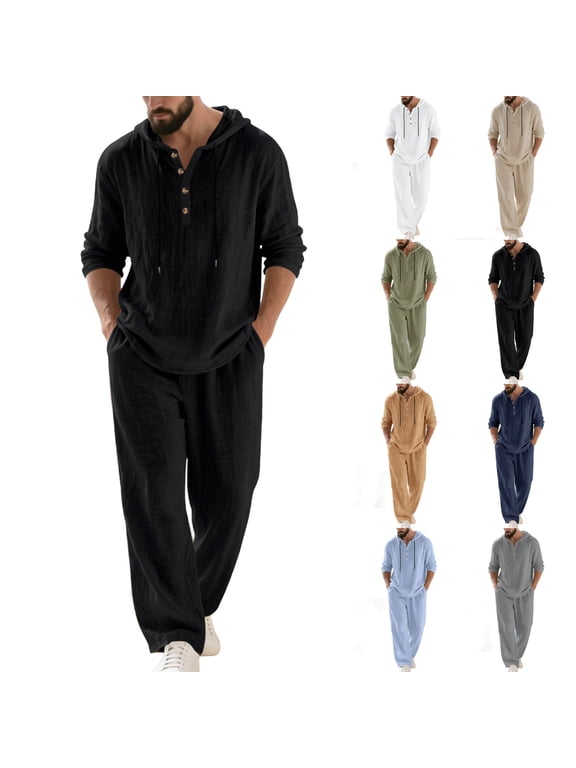 Men's Cotton and Linen 2 Piece Outfit Set Quarter Button Long Sleeve Drawstring Hoodies High Waist Loose Wide Leg Pants Casual Lightweight Matching Suit with Pockets