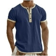 thumbnail image 1 of purcolt Men's Cotton Linen Short Sleeve Shirts Color Block Crewneck Button T Shirts Casual Summer Beach Tee Tops, 1 of 7