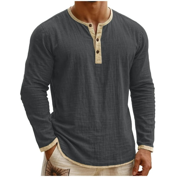 purcolt Men's Cotton Linen T Shirts Color Block Crew Neck Button Long Sleeve Shirts Athletic Tops for Workout Running Gym