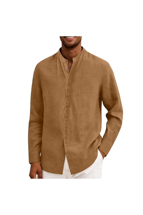 Men's Cotton and Linen Shirts Button Down Long Sleeve Mock Neck Shirts Work Office Business Casual Summer Beach Shirt