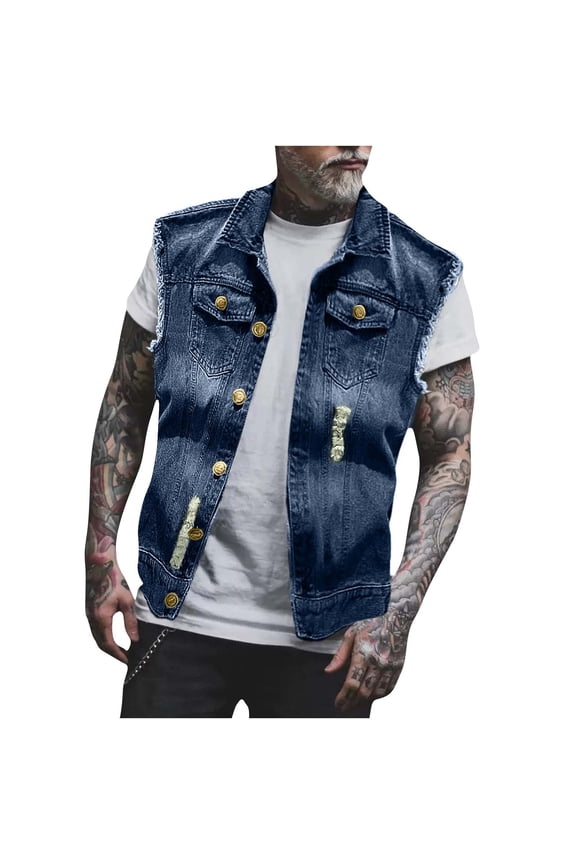 Men's Distressed Ripped Jean Vest Casual Slim Fit Sleeveless Button Front Vintage Denim Vest Jacket