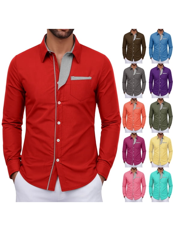 Men's Dressy Shirts Button Down Long Sleeve Shirt Striped Inner Collared Shirts Work Office Busines Casual Slim Fit Shirts with Chest Pocket