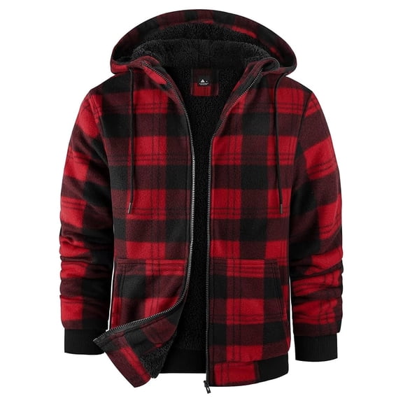Purcolt Men's Flannel Jacket with Sherpa Lining, Zip Up Hooded Zip-Up Fleece Plaid Shirt Jacket for Winter Outdoor Coat with Pockets