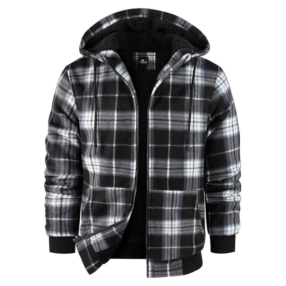 Purcolt Men's Flannel Jacket with Sherpa Lining, Zip Up Hooded Zip-Up Fleece Plaid Shirt Jacket for Winter Outdoor Coat with Pockets