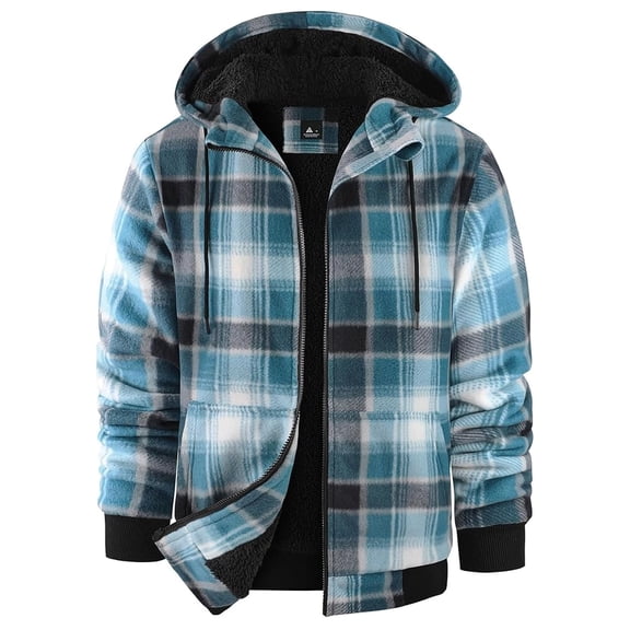 Purcolt Men's Flannel Jacket with Sherpa Lining, Zip Up Hooded Zip-Up Fleece Plaid Shirt Jacket for Winter Outdoor Coat with Pockets