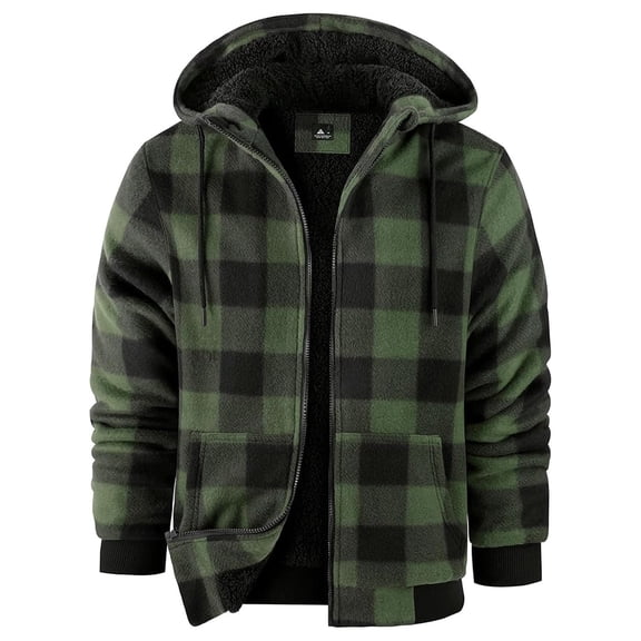 Purcolt Men's Flannel Jacket with Sherpa Lining, Zip Up Hooded Zip-Up Fleece Plaid Shirt Jacket for Winter Outdoor Coat with Pockets