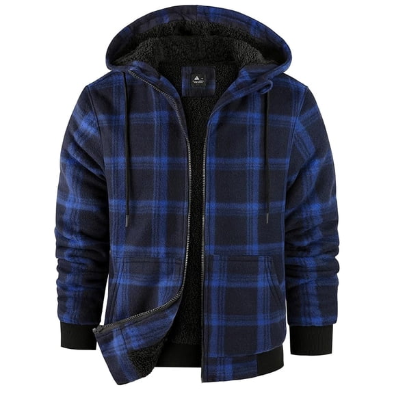 Purcolt Men's Flannel Jacket with Sherpa Lining, Zip Up Hooded Zip-Up Fleece Plaid Shirt Jacket for Winter Outdoor Coat with Pockets