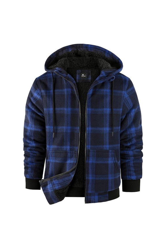 Men's Flannel Jacket with Sherpa Lining, Zip Up Hooded Zip-Up Fleece Plaid Shirt Jacket for Winter Outdoor Coat with Pockets