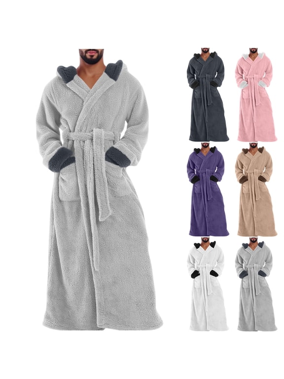 Men's Hooded Bathrobe Long Sleeve Color Block Fleece Warm Cozy Hooded Long Robes Casual Soft Plush Warm Winter Housecoat Bathrobe with Pockets