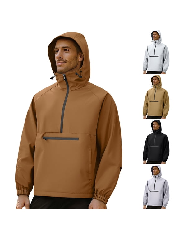 Men's Hooded Jackets Half Zip Long Sleeve Elastic Cuff Pullover Windbreaker Jackets Casual Lightweight Travel Hiking Outdoor Jackets with Zip Pocket
