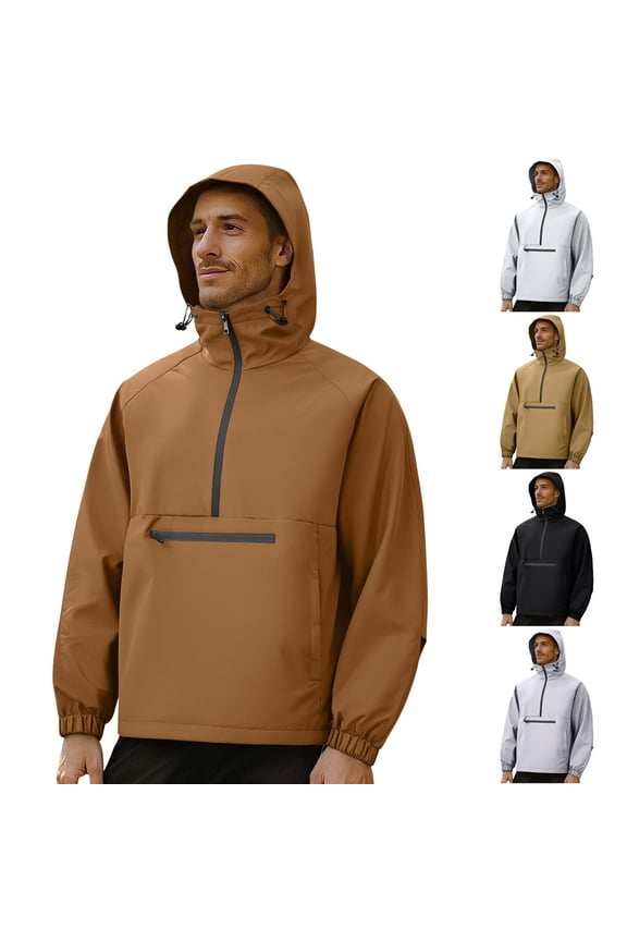 Men's Hooded Jackets Half Zip Long Sleeve Elastic Cuff Pullover Windbreaker Jackets Casual Lightweight Travel Hiking Outdoor Jackets with Zip Pocket