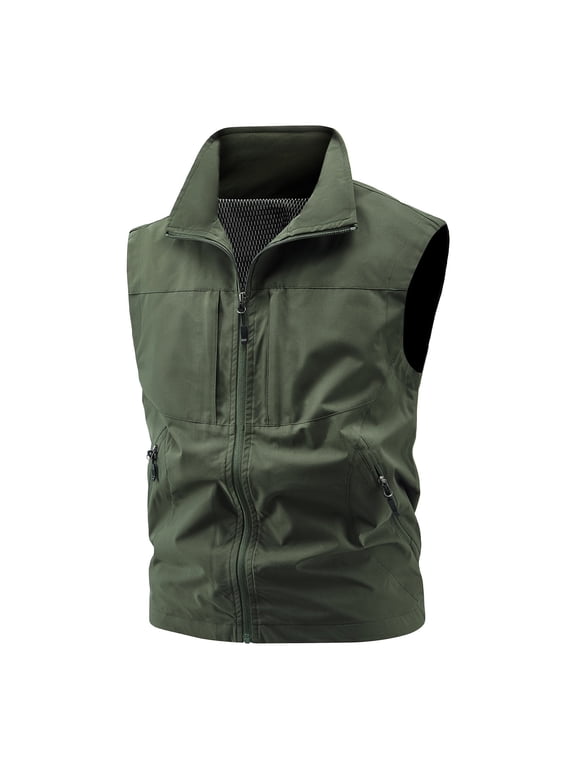 Men's Lightweight Mesh Lined Softshell Sleeveless Golf Vest Lightweight Breathable Work Photo Cargo Vest with Zipper Pockets for Travel Hiking Fishing