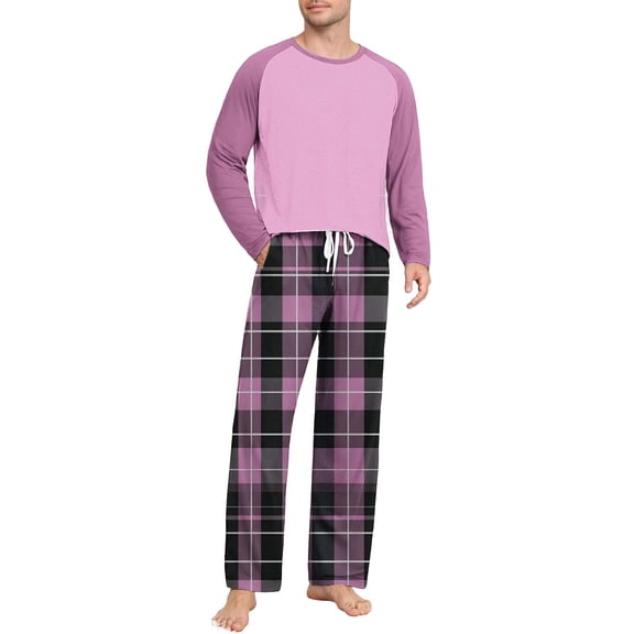 purcolt Men's Pajama Set Comfy Long Sleeve Top & Pajama Pants Color Block Plaid Pjs Sleepwear 2 Piece Lounge Sets