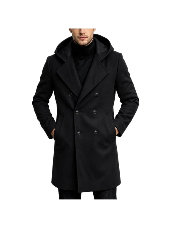Men's Pea Coat Double Breasted Notch Lapel Hooded Trench Coat Work Office Casual Slim Fit Winter Warm Overcoat with Pockets