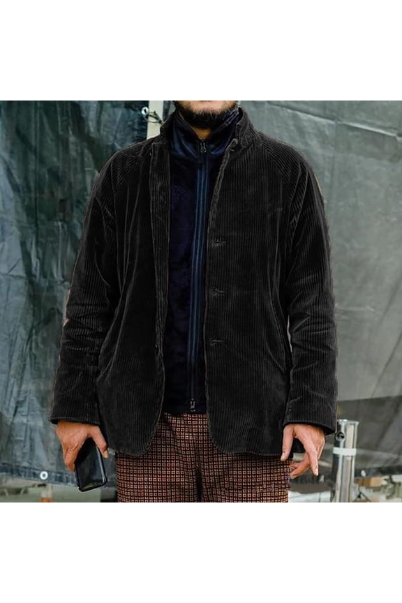 Men's Plus Size Corduroy Trench Coat, Autumn And Winter Casual Turn Down Collar Buttons-up Jacket Fashion Trendy Solid Warm Windbreaker Jacket