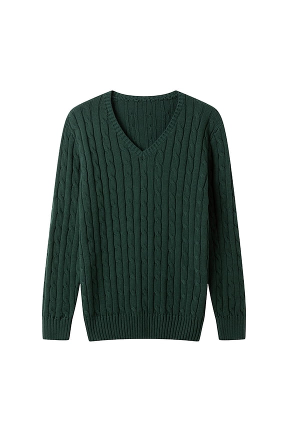 Men's Pullover Sweater V-Neck Cable Knit Long Sleeve Sweater Classic Soft Knitted Sweaters with Ribbing Edge