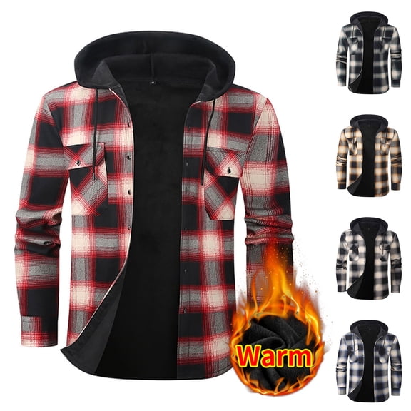 purcolt Men's Sherpa Lined Plaid Flannel Shirt Jacket with Hood Button Down Slim Hoodies Winter Warm Outerwear Coat with Pockets
